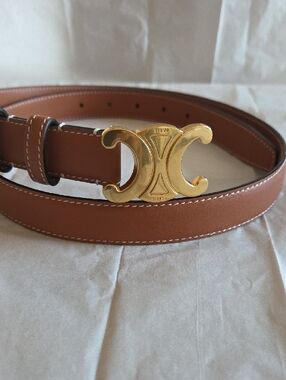 Tanned Leather Belt with Gold Double-Crescent Buckle